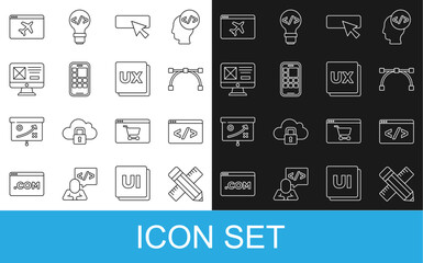 Set line Crossed ruler and pencil, Front end development, Bezier curve, UI or UX design, Mobile Apps, Website template and icon. Vector