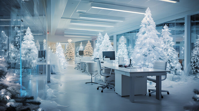 Interior Of A Modern Office In A Business Building Decorated For Christmas Holidays.