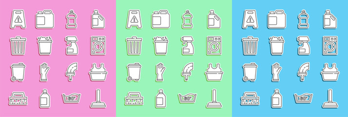 Set line Rubber plunger, Basin with shirt, Washer, Bottle for cleaning agent, Bucket foam, Trash can, Wet floor and Cleaning spray bottle icon. Vector - obrazy, fototapety, plakaty
