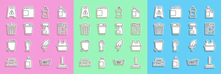 Deurstickers Set line Rubber plunger, Basin with shirt, Washer, Bottle for cleaning agent, Bucket foam, Trash can, Wet floor and Cleaning spray bottle icon. Vector © Vadim