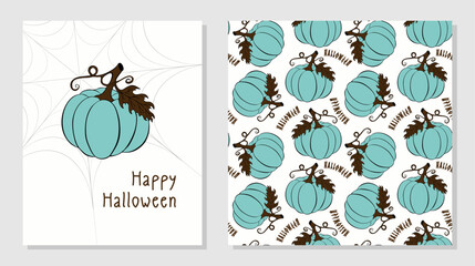 Halloween set Happy Halloween poster with hand drawn pumpkin and pattern with blue brown pumpkins and lettering. Vector illustration