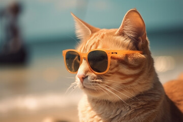 a cat wearing glasses on the beach