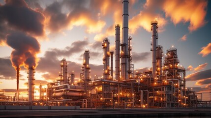 Fototapeta premium Petrochemical Plant Illuminated at Dusk.
