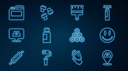 Set line Paint spray can, Smile face, brush, Paint, gouache, jar, dye, Spray nozzle cap, and Marker pen attachment icon. Vector