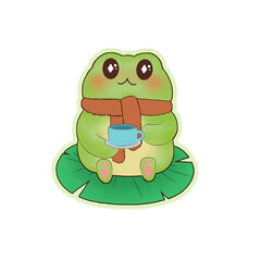 Illustration of a frog enjoying a warm drink on a lotus leaf