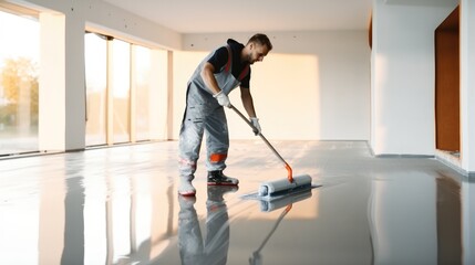 Construction worker use screed concrete epoxy for level mixture of cement floors.