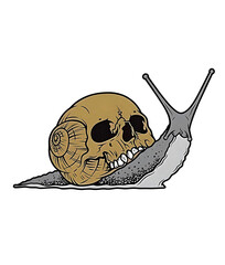 illustration of a snail with a skull-style house on its back, snail with skeleton head house on its back © ozgurkaankoseoglu