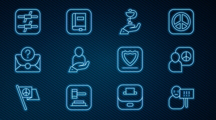 Set line Protest, Peace talks, Caduceus snake medical, Life insurance in hand, Envelope with question mark, Barbed wire, Shield and Law book icon. Vector