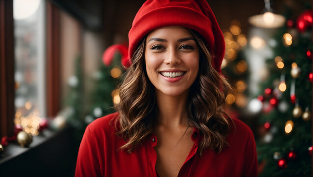Smiling woman celebrating Christmas dressed in red. Generative AI