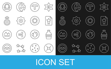 Set line Gemini zodiac, Bottle of water, Star constellation, Aries, Falling star, Symbol Uranus, Libra and Sun icon. Vector