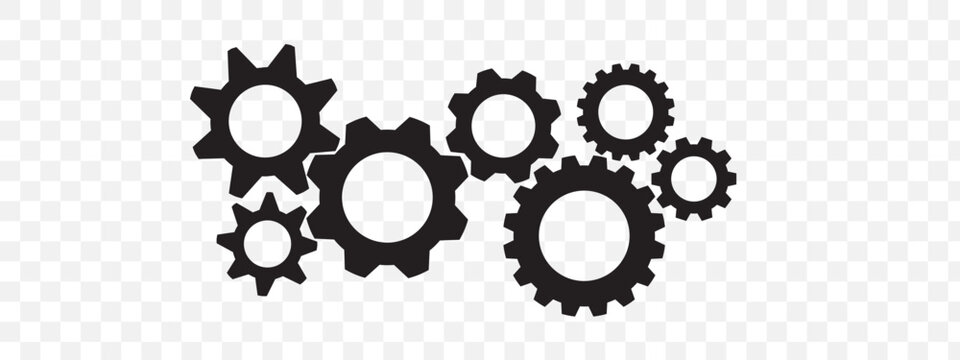 Vector illustration of various interconnecting gears and wheels on a transparent background