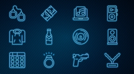 Set line Rapper chain, Stereo speaker, Laptop with music, Beer bottle, Hoodie, Handcuffs, Vinyl disk and Stacks paper money cash icon. Vector
