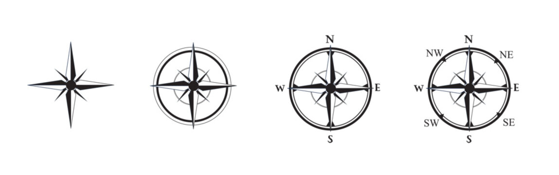 Vector illustration of cardinal compass symbols: North, South, East, West