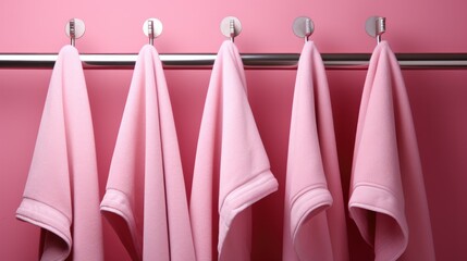Pink Towel on hanger on pink background.