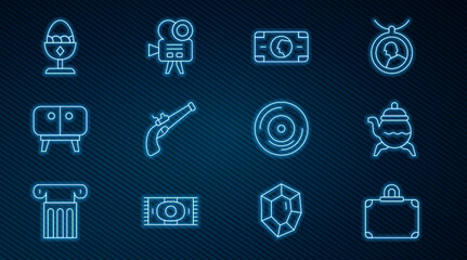 Set line Suitcase, Classic teapot, Stacks paper money cash, Vintage pistol, TV table stand, Chicken egg, Vinyl disk and Retro cinema camera icon. Vector