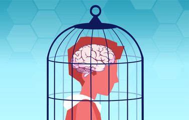 Vector of a boy head in a cage. Creativity blocker, fear of challenge, mental health concept