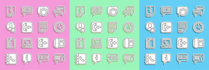 Set line Unknown search, Telephone handset, Clock, Speech bubble chat, Incoming call, Elected employee, Information and File document icon. Vector