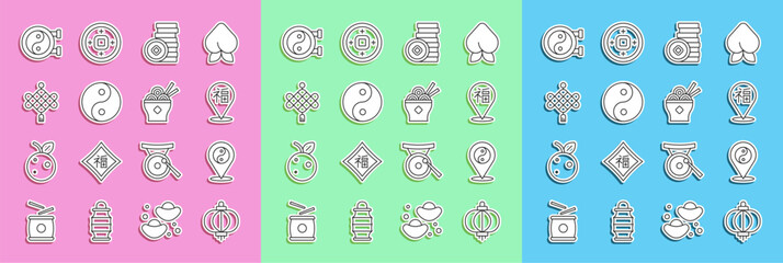 Set line Chinese paper lantern, Yin Yang symbol, New Year, Yuan currency, and Asian noodles bowl icon. Vector