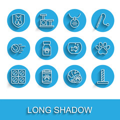 Set line Dog pill, Canned food, Animal health insurance, World pet, Cat scratching post with toy, Medicine bottle and pills, Paw print and Aquarium fish icon. Vector