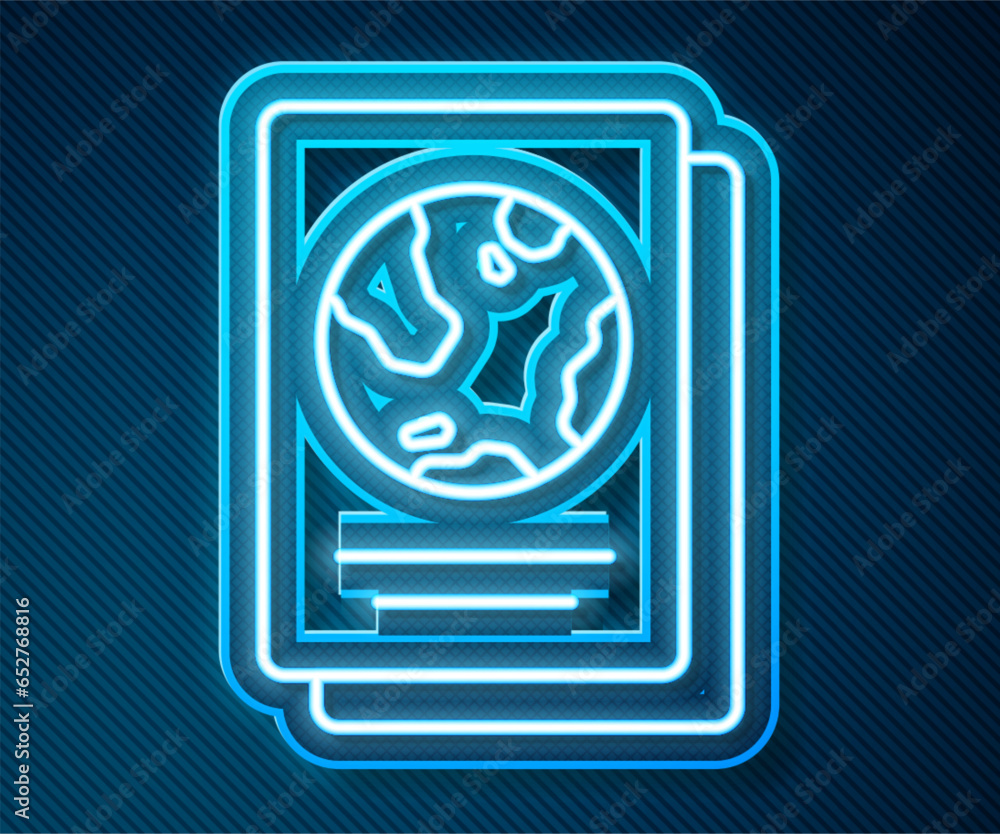 Poster glowing neon line passport with biometric data icon isolated on blue background. identification docu