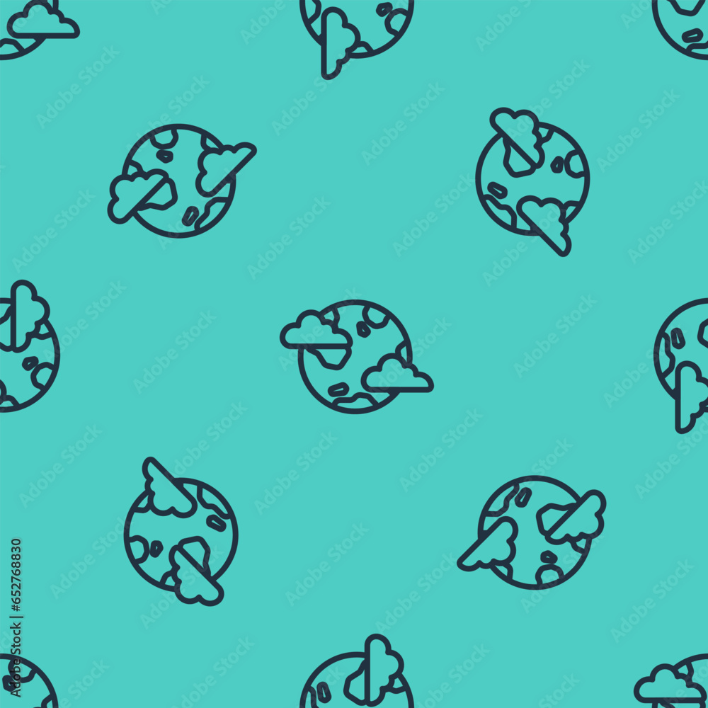Poster black line earth planet with clouds icon isolated seamless pattern on green background. earth globe 