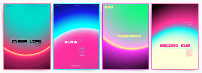 Fototapeta premium Cyber Neon Backgrounds. Gradient Rounded Halo Vector Templates for Posters and Creative Graphics. Modern Neon Rings Set.