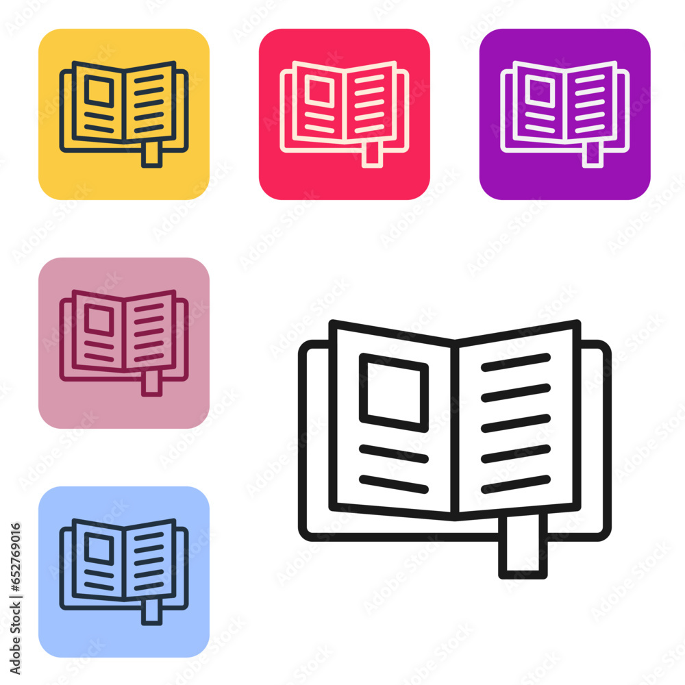 Poster black line reading book icon isolated on white background. set icons in color square buttons. vector