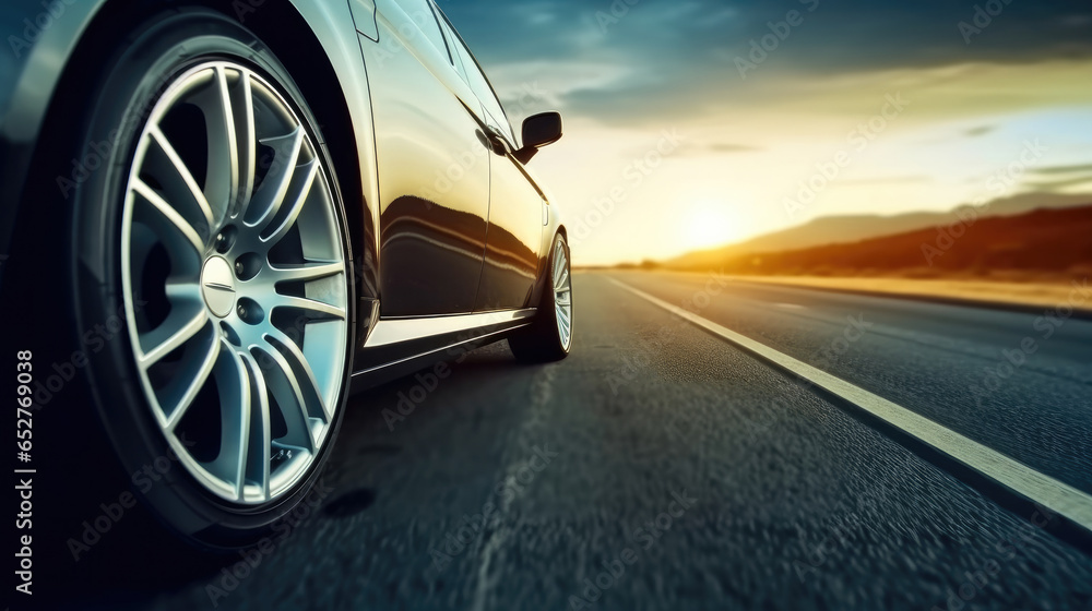 Wall mural on the road, car tire speeding along country road sunset.