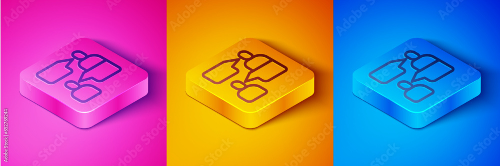 Poster isometric line two sitting men talking icon isolated on pink and orange, blue background. speech bub