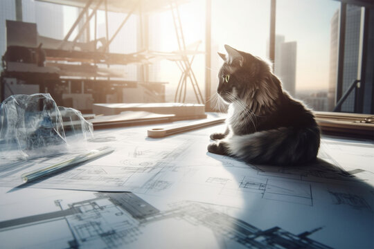 a cat is drawing architecture on paper