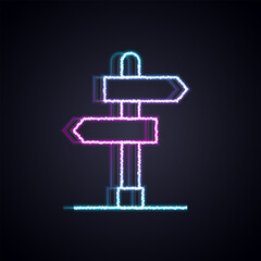 Glowing neon line Road traffic sign. Signpost icon isolated on black background. Pointer symbol. Isolated street information sign. Direction sign. Vector