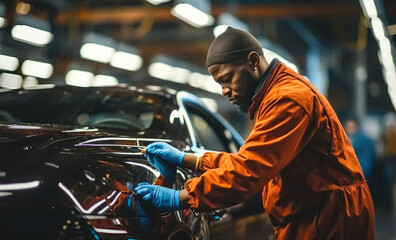 Male mechanic polishing car in repair shop, Car body polishing concept.