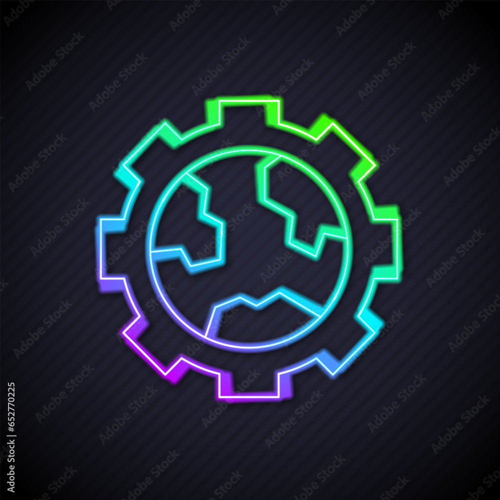 Poster glowing neon line globe of the earth and gear or cog icon isolated on black background. setting para