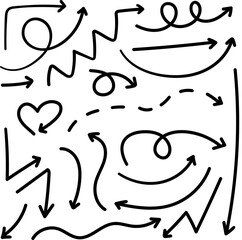 Collection of drawn arrows. Set simple arrows isolated on a transparent background. Arrow mark icons.  stock vector.