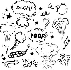 Comic bomb boom vector element. Hand-drawn cartoon explosion bomb effect, splash, exclamation smoke element. Doodle hand-drawn elements