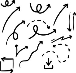 Collection of drawn arrows. Set simple arrows isolated on a transparent background. Arrow mark icons.  stock vector.