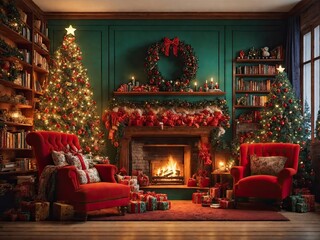Fototapeta na wymiar Fireplace Room Christmas Digital Backdrop photography background Christmas tree stockings props Christmas presents gift box overlays library