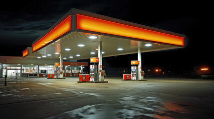 Gas station, Gas station exterior night lights.