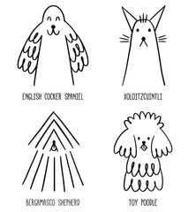 Pet portrait. Contour dog head. Doodle sticker set. Linear icon, logo