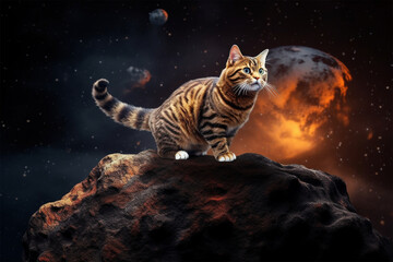 a cat in space standing on an asteroid