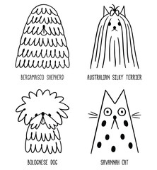 Pet portrait. Contour dog head. Doodle sticker set. Linear icon, logo
