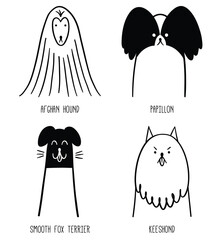 Pet portrait. Contour dog head. Doodle sticker set. Linear icon, logo