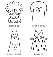 Pet portrait. Contour dog head. Doodle sticker set. Linear icon, logo