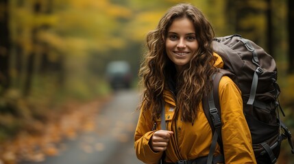 A pretty girlin in a yellow jacket with a backpack on her back begins her journey by hitchhiking