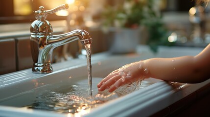 Сhild washes hands with foam. Hand hygiene and safety of children