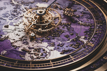 Fototapeta na wymiar violet astronomical clock,Fantasy clock concept illustration, mechanical clock concept illustration, time concept,Nautical Map Compass Concept