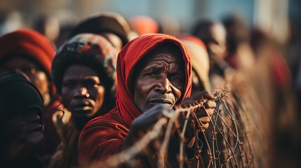 Behind a chain-link fence is a crowd of confused illegal migrants from poor African countries