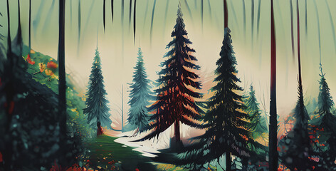 tema naturale con bosco di conifere nel periodo autunnale, sottobosco vivo e colorato - obrazy, fototapety, plakaty