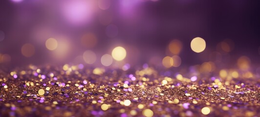 Festive celebration holiday christmas, new year, new year's eve background banner template illustration - Abstract gold purple glitter sequins bokeh lights texture, de-focused - obrazy, fototapety, plakaty