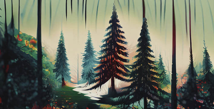 tema naturale con bosco di conifere nel periodo autunnale, sottobosco vivo e colorato